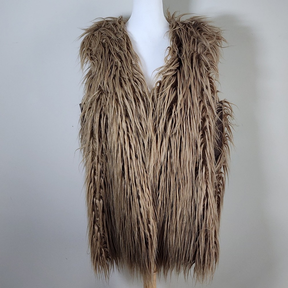 Vintage Shaggy Faux Fur Vest Womens Large Brown Chewbacca Boho Glam Festival Fun